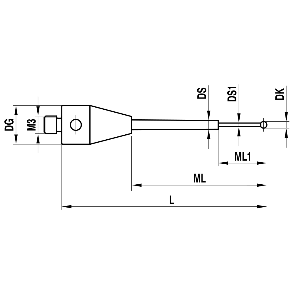 Drawing of product M3 Straight Stylus for ZEISS XXT; DK 0.8 mm; L 34.0 mm